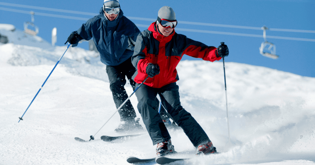 couple skiing winter getaway