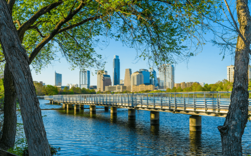 Austin Texas skyline. The Boardwalk Trail at Lady Bird Lake.